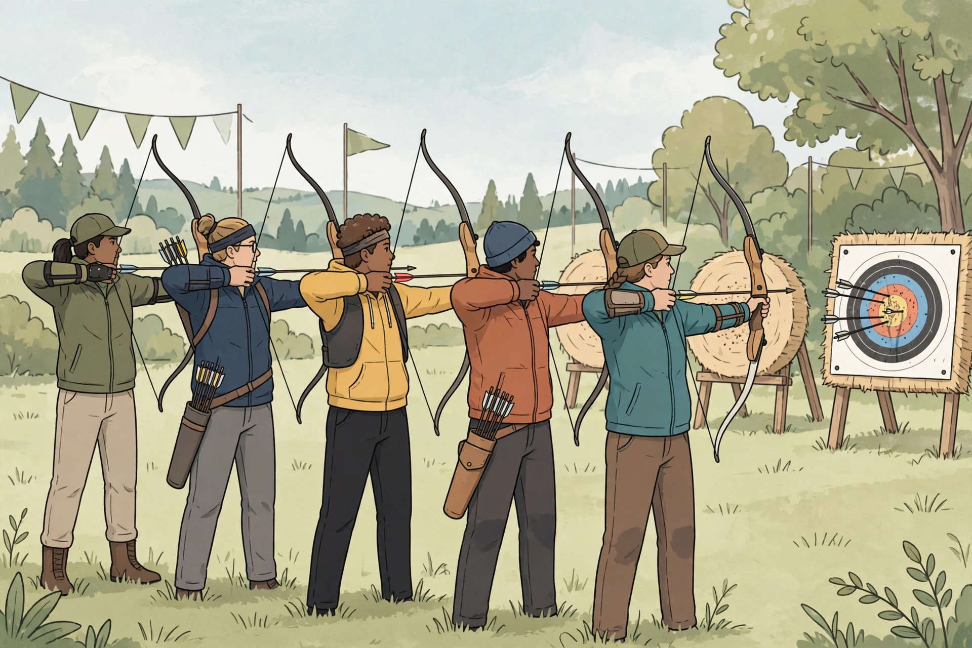 Archers shooting arrows at a target during a Shillong Teer round