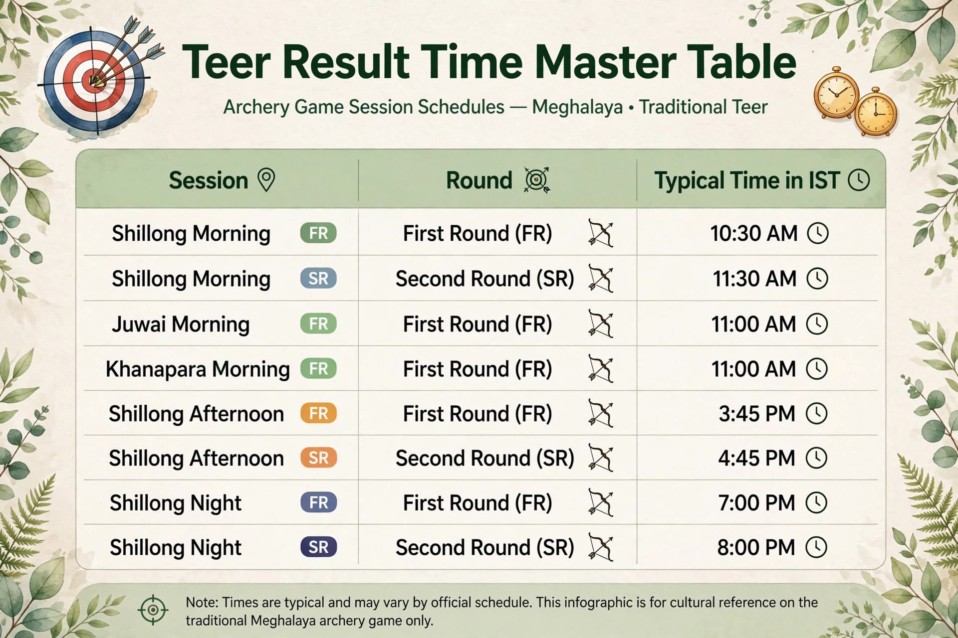 Master timing table showing teer result time for all sessions from morning to night